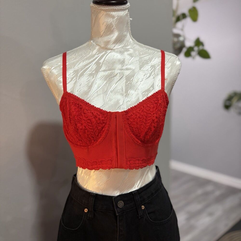AERIE Real Good Balconette Corset Bra Top Red Ribbed Floral Lace 36C Sexy NWT